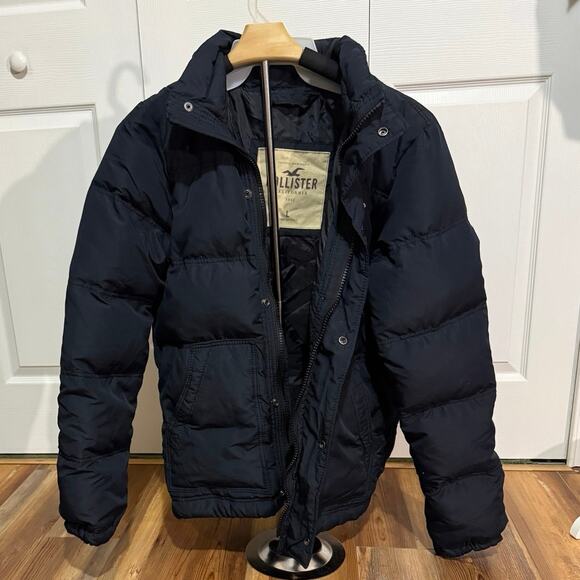 Hollister puffer jacket men’s Large dark blue feather & down filled. Zip & snap - Picture 1 of 12